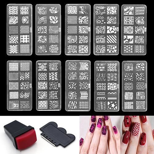Mulheres 10 Design Conjunto Modelo Nail Art Polonês Manicure Stamping Placa Raspador Diy