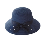 Mulheres chapéu de palha Folding bowknot Toldo Verão Bucket HatBeach Big Brim (azuis marinhos)