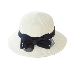 Mulheres chapéu de palha Folding bowknot Toldo Verão Chapéu Panamá Praia Grande Brim (branco leitoso)