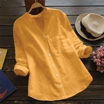 Mulheres de algodão de linho cor sólida manga comprida Tamanho Grande Casual Shirt