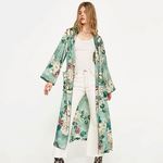 Mulheres do vintage retro impressão floral longo quimono jaqueta casaco cardigan de manga comprida maxi xale tops com cinto verde