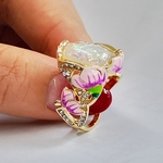 Mulheres Elegantes Rhinestone Faux Opal Embutidos Lotus Floral Anel Presente De Jóias De Festa