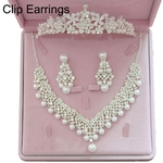 Mulheres Faux Pearl Rhinestone Pendant Necklace Brincos Crown Tiara Jewelry Set
