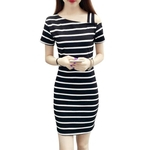 Mulheres moda Design Slim Delicate Stripe Impressão Pullover vestido Off-ombro Vestido
