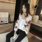 Mulheres Moda elegante Rose Bordados solto camisa de manga comprida