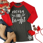 Mulheres Moda Xmas alegre e brilhante letra impressa Raglan Casual em torno do pescoço de Natal gráfico camisetas Tops