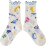 MSHOP Mulheres Padrão Fino dos desenhos animados respirável meias de algodão Comprimento colorido meio da perna