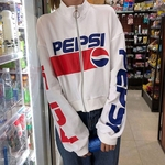 Mulheres Pepsi Cola Impresso Médio Colarinho alto Fina Zipper completa solto Jacket Top Casual