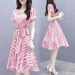 Mulheres Rosa cintura apertada Enlaçando Stripe Impressão vestido de manga curta Leisure dress