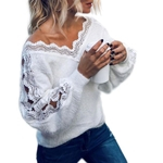Mulheres Sexy Oco Lace Manga Comprida V Neck Faux Fur Pullover Sweater Blusa Top