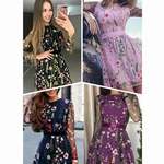 Mulheres Sexy See-through malha Bordado Flor Bohemian Verão mini vestido