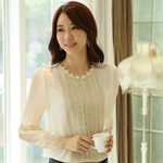 Women Spring Lace Solid Color Slim Long Sleeve Bottoming Round Neck Top