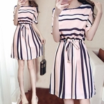 Mulheres Stripe Verão Impressão Lacing vestido de manga curta