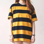 Mulheres Verão Yellow Black Stripes manga curta Tops menina Cotton T-shirt do estilo coreano