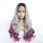 Natural wave Dyed wig black gray purple three-color gradient synthetic wigs hair ombre color front lace half hand-tied wig hairpieces