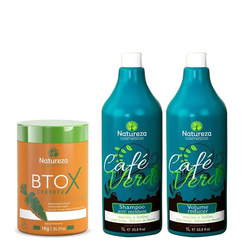 Natureza Cosméticos Kit Café Verde Shampoo Antiresíduo e Volume Reducer (2x1L) e Btox Cenoura 1kg