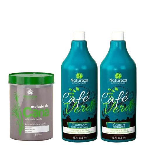 Natureza Cosméticos Kit Café Verde Shampoo Antiresíduo e Volume Reducer (2x1L) e Melado de Cana Más