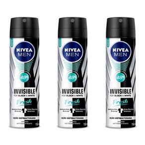 Nivea For Men Black & White Fresh Desodorante Aerosol 150ml - Kit com 03