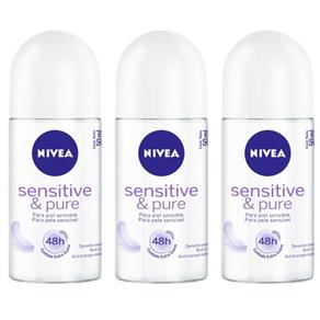 Nivea Sensitive Pure Desodorante Rollon Feminino 50ml - Kit com 03