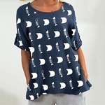 Nova forma das mulheres Fishbone Cat Impresso manga curta bonito camisa de linho em torno do pescoço T-shirt Casual Top