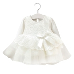 Infante recém-nascido branco bowknot manga comprida bonito cor sólida Lace Dress