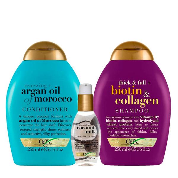 OGX Argan Oil, Coconut Milk e Biotin Colagen Kit - Shampoo + Condicionador + Sérum