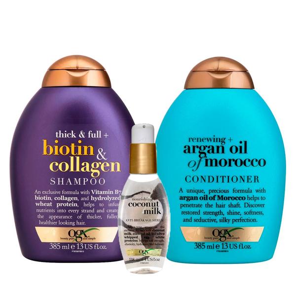 OGX Argan Oil, Coconut Milk e Biotin Colagen Kit - Shampoo + Condicionador + Sérum
