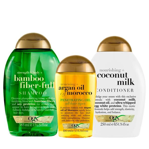OGX Bamboo Fiberfull, Coconut Milk e Marocco Penetrating Oil Kit - Shampoo + Condicionador + Óleo