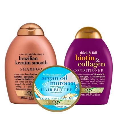 OGX Biotin & Colagen, Argan Oil e Brazilian Keratin Smooth Kit - Shampoo + Condicionador + Hair Butt