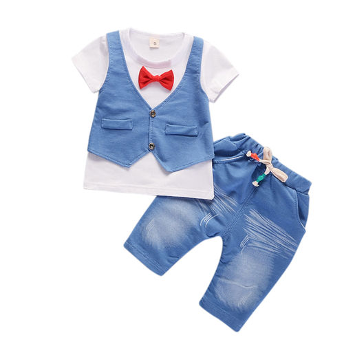 Os meninos do bebê em torno do pescoço Bow Tie Vest + T-shirt Denim Shorts 2PCS / Suit