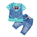 Os meninos do bebê em torno do pescoço Bow Tie Vest + T-shirt Denim Shorts 2PCS / Suit