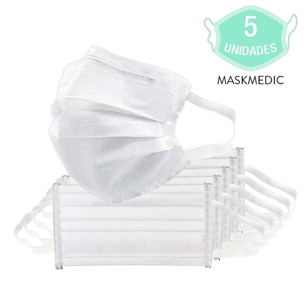 Pacote com 5 Máscara Descartável Tripla Camada Branca com Clip Nasal Máxima Proteção MaskMedic de Elástico
