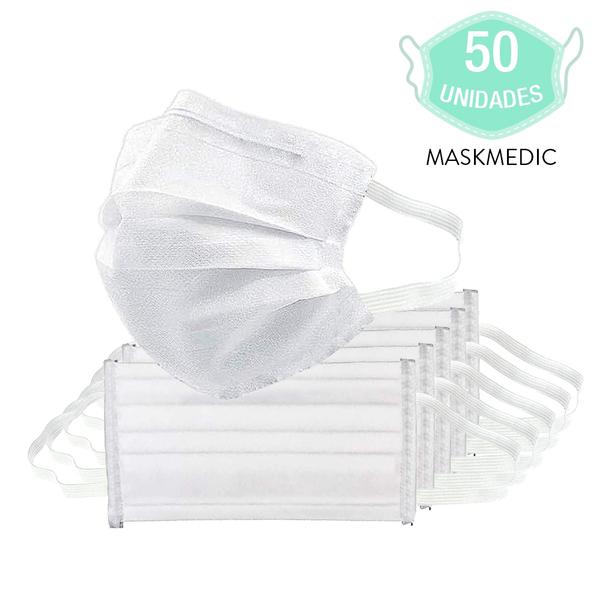 Pacote com 50 Máscara Descartável Tripla Camada Branca com Clip Nasal Máxima Proteção MaskMedic