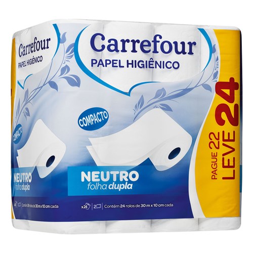 Papel Higiênico Folha Dupla 30 Metros Carrefour com 24 Unidades Pague 22 Leve 24