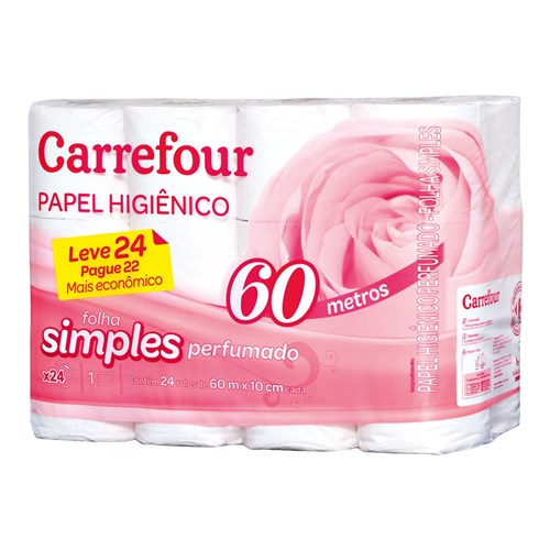 Papel Higiênico Folha Simples 60 Metros Carrefour Floral Leve 24 e Pague 22