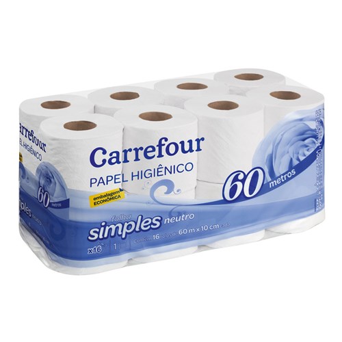 Papel Higiênico Folha Simples 60 Metros Carrefour Neutro com 16 Unidades
