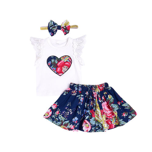 3 Pcs / em forma de coração ajustado Bebés Meninas Vestuário Set Impressão Lace Vest + Flower Printing Dress + bowknot cabeça banda