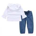 New 2PCS menina Crianças Suit manga longa branca T-shirt + calças azuis