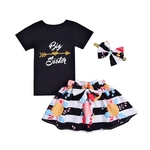 3PCS menina roupas de verão Set Carta Tops impressão + Stripe Dress + banda de cabeça bowknot
