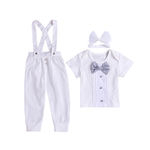 3 Pcs / Set Baby Boy Roupa Set Manga Curta T-shirt + Cavalheiro Calças Bow Tie + Suspender