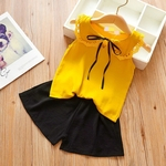 2pcs / set Baby Girl Suit mangas T-shirt + fita laço Shorts de algodão para 0-5 anos kid
