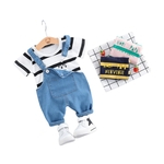 2pcs / set Boy Crianças listrada manga curta Camisa Jeans Suspender Shorts Suit