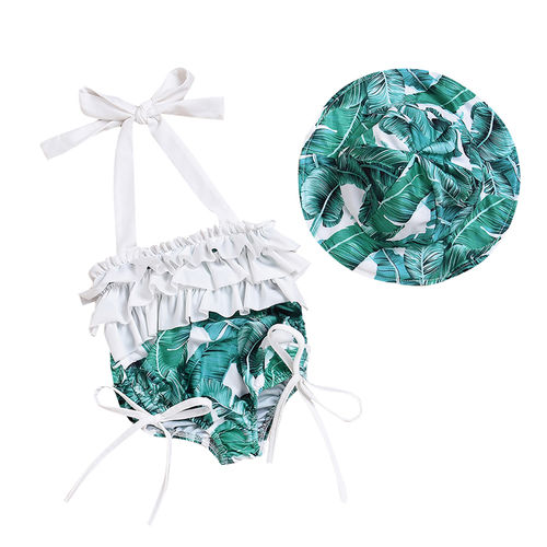 2pcs / Set Crianças Menina Lotus Folha Borda de uma Peça Swimsuit + Correspondência Chapéu de Sol Bikini Set