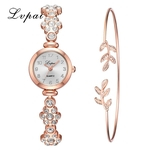 2pcs/Set Luxury Fashion Diamond Steel Watch Temperament Leaves Bracelet