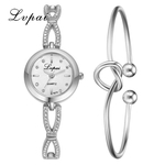 2pcs/Set Luxury Fashion Simple Diamond Strap Watch Heart Shaped Knot Bracelet
