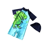 QUENTE (Em estoque) 2 Pcs / set Meninos Crianças dos desenhos animados do dinossauro impressão Swimsuit Muslimah Swimwear com Cap
