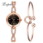 2pcs/Set Luxury Fashion Simple Diamond Strap Watch Heart Shaped Knot Bracelet
