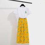 2pcs / set Mulher Summer Fashion Moda Doce Estilo T-shirt Abacate Impressão de alta cintura saia plissada Set