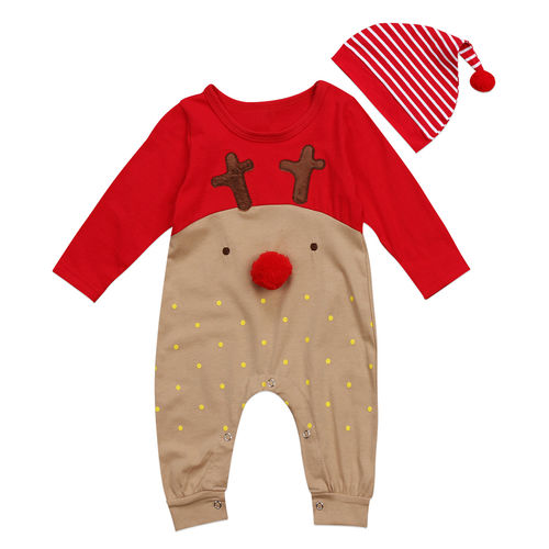 2pcs / Set Recém-nascido de Natal Vestuário Macacões de Algodão do Bebê com Trajes Terno Hat Bebê Como Adereços Foto