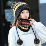 2Pcs/set Woman Knitted Ear Protection Beanie + Scarf Cute Thicken Plush Winter Hat Accessories